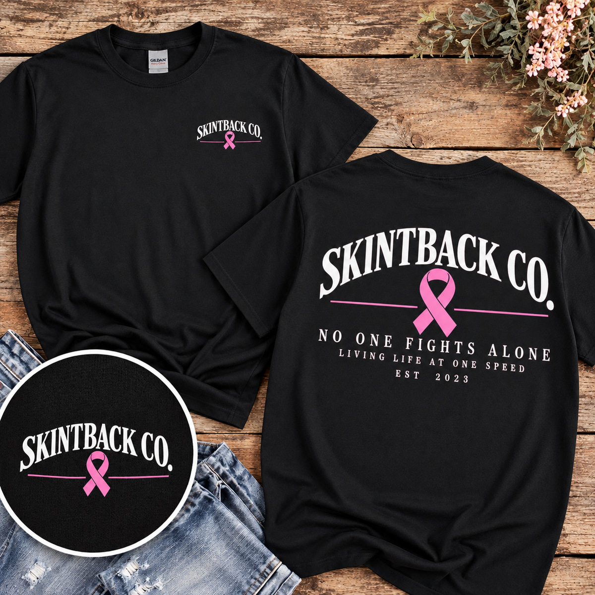 No One Fights Alone Breast Cancer Awareness Tee- Black